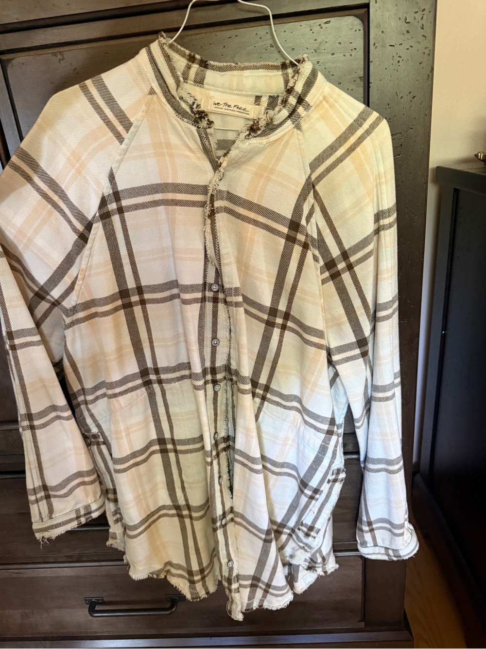 We The Free Frayed Plaid Button-Up Shirt - Cream & Brown